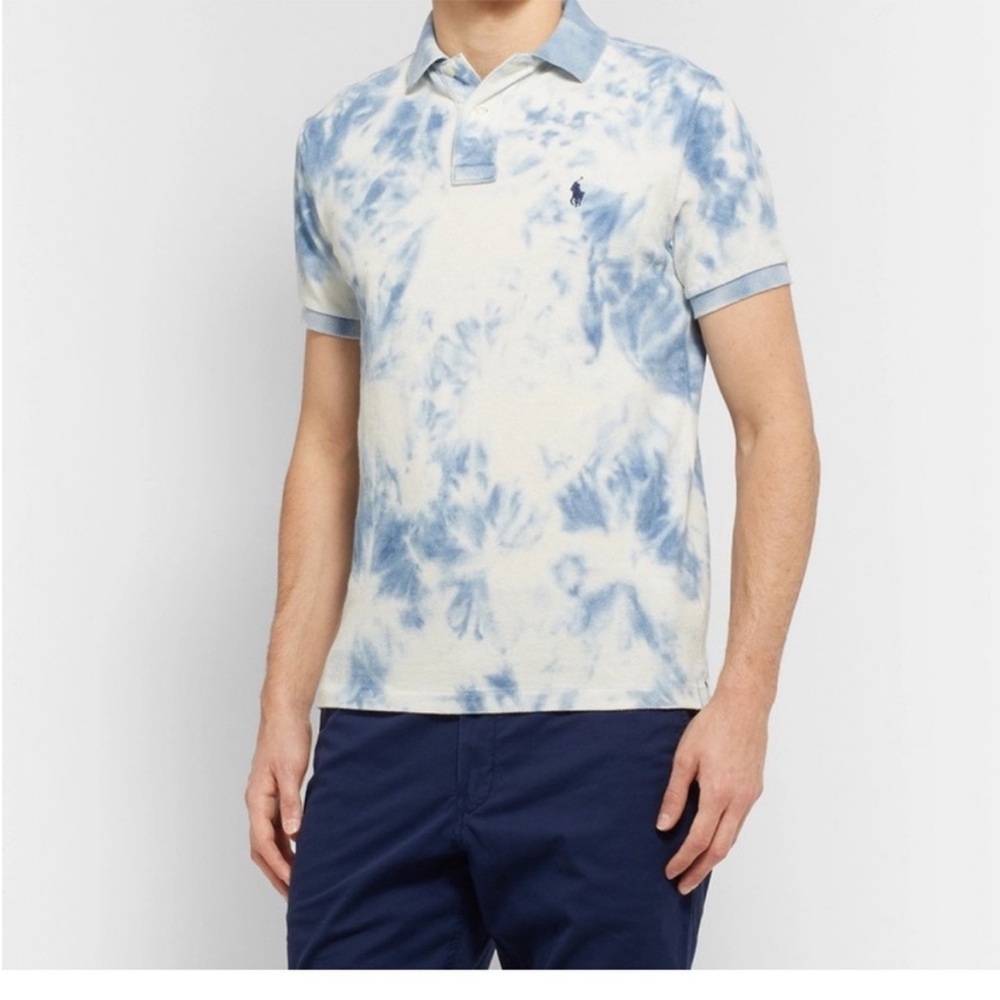 Polo Ralph Lauren Polo Shirt Mens Large White Blue Tie Dye Batik Slim Fit - Picture 2 of 10